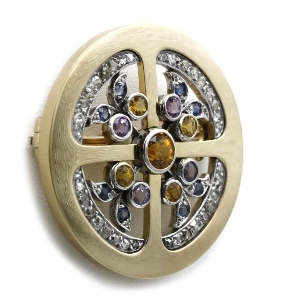 Broche or jaune, saphirs & diamants