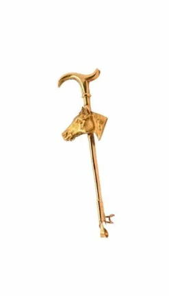 Broche or jaune tête de cheval et fouet