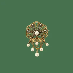 Broche or, émeraude, perles fines