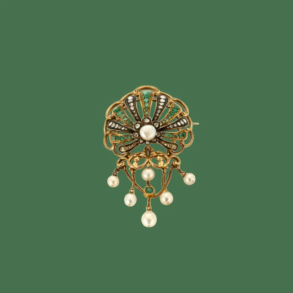 Broche or, émeraude, perles fines