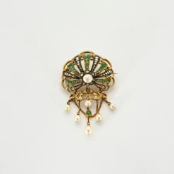 Broche or, émeraude, perles fines