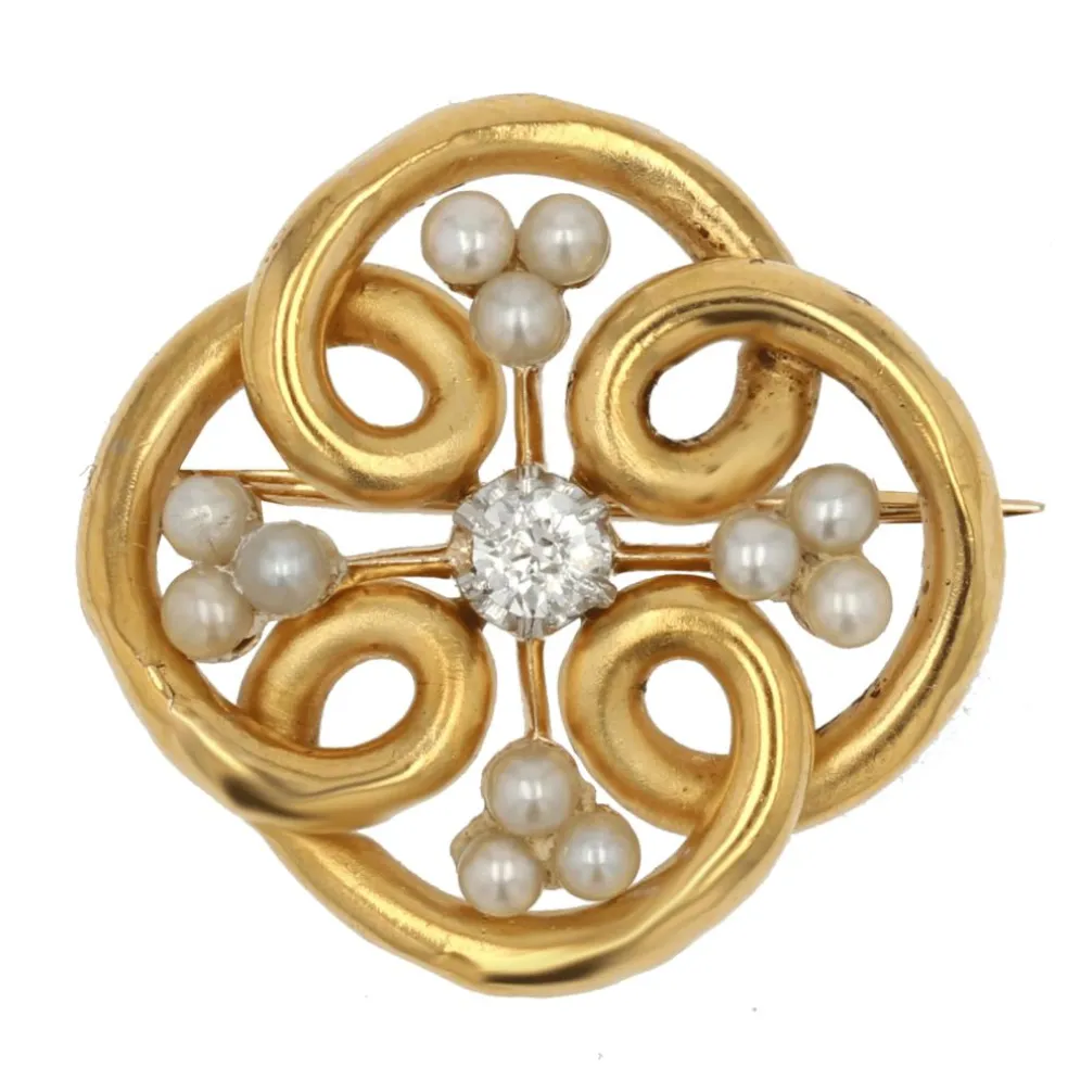 Broche or perles fines et diamants
