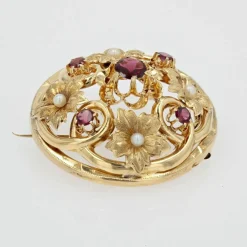 Broche or perles fines et grenats ancienne