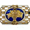 Broche panier fleuri émail bleu et blanc