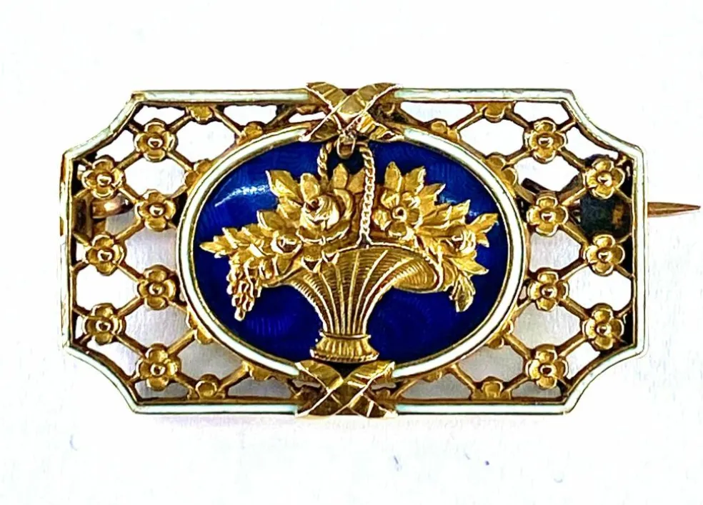 Broche panier fleuri émail bleu et blanc