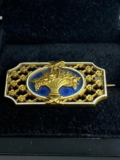 Broche panier fleuri émail bleu et blanc