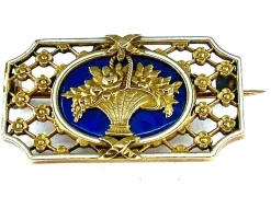 Broche panier fleuri émail bleu et blanc