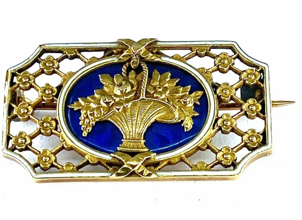 Broche panier fleuri émail bleu et blanc