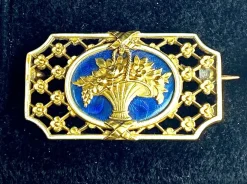Broche panier fleuri émail bleu et blanc