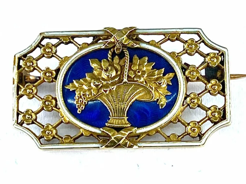 Broche panier fleuri émail bleu et blanc