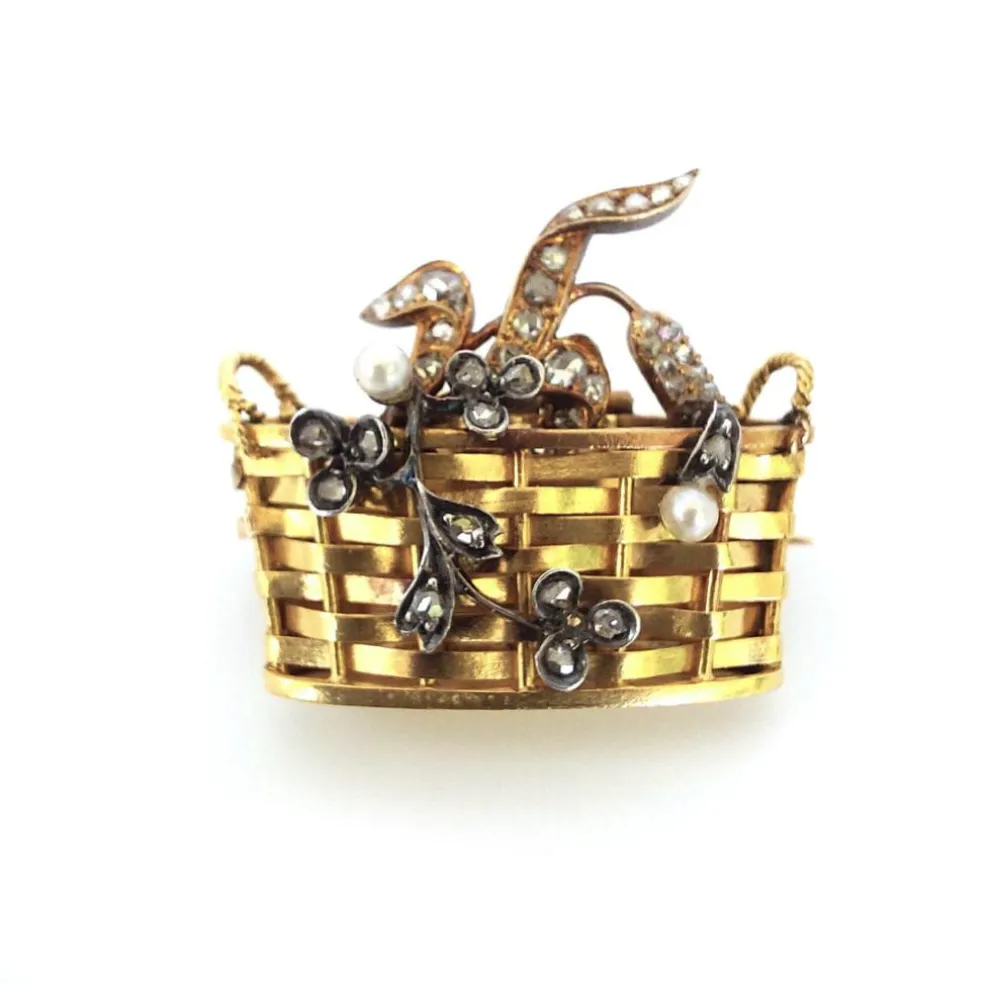 Broche Panier 19ème siècle diamants perles