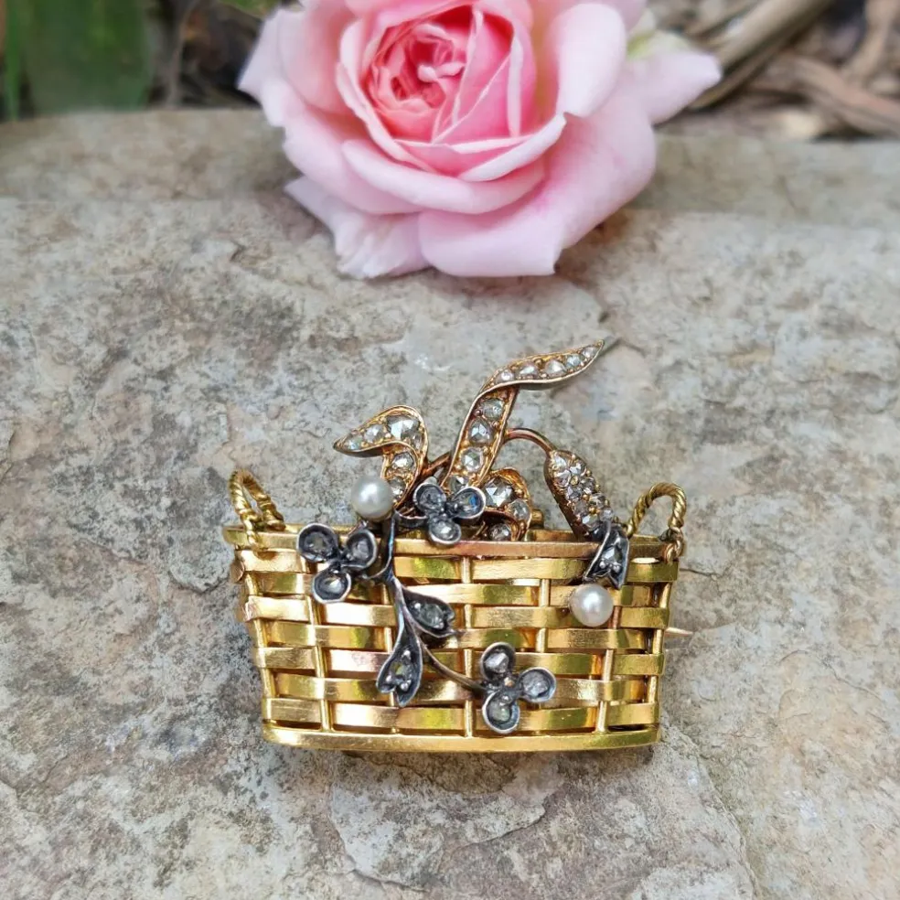 Broche Panier 19ème siècle diamants perles
