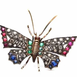 Broche Papillon 19e Or jaune Argent Diamants Rubis Emeraude Saphir