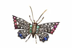 Broche Papillon 19e Or jaune Argent Diamants Rubis Emeraude Saphir