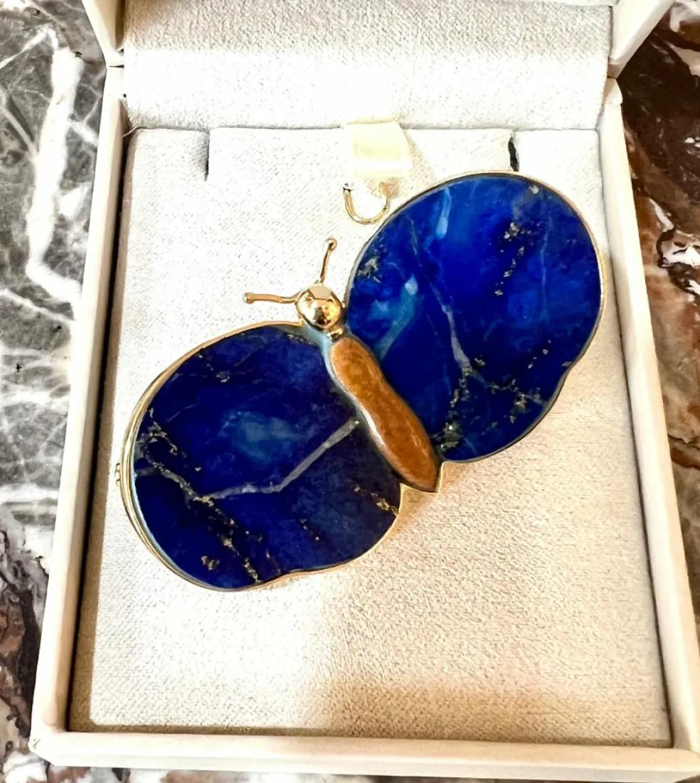 Broche Papillon or jaune, Lapis-Lazuli, Jaspe