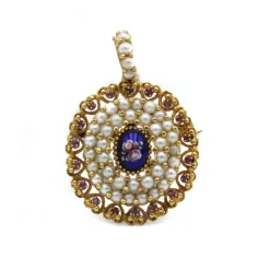 Broche Pendentif or émail perles et rubis