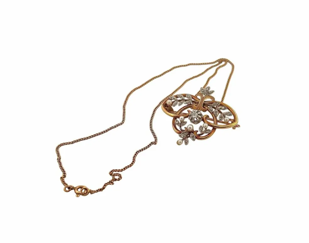 Broche Pendentif ancien or jaune, perles, diamants