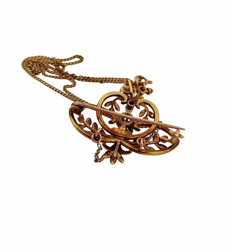 Broche Pendentif ancien or jaune, perles, diamants
