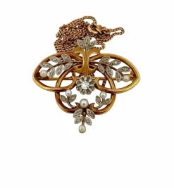 Broche Pendentif ancien or jaune, perles, diamants