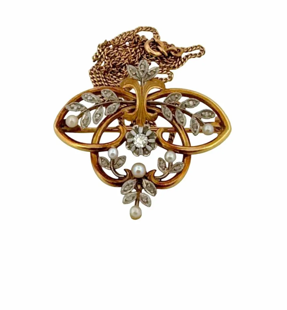 Broche Pendentif ancien or jaune, perles, diamants