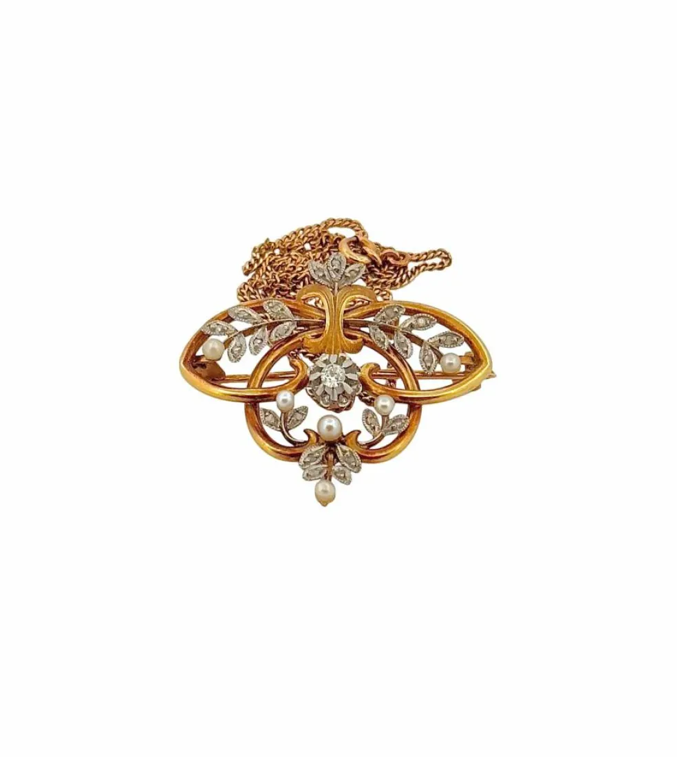 Broche Pendentif ancien or jaune, perles, diamants