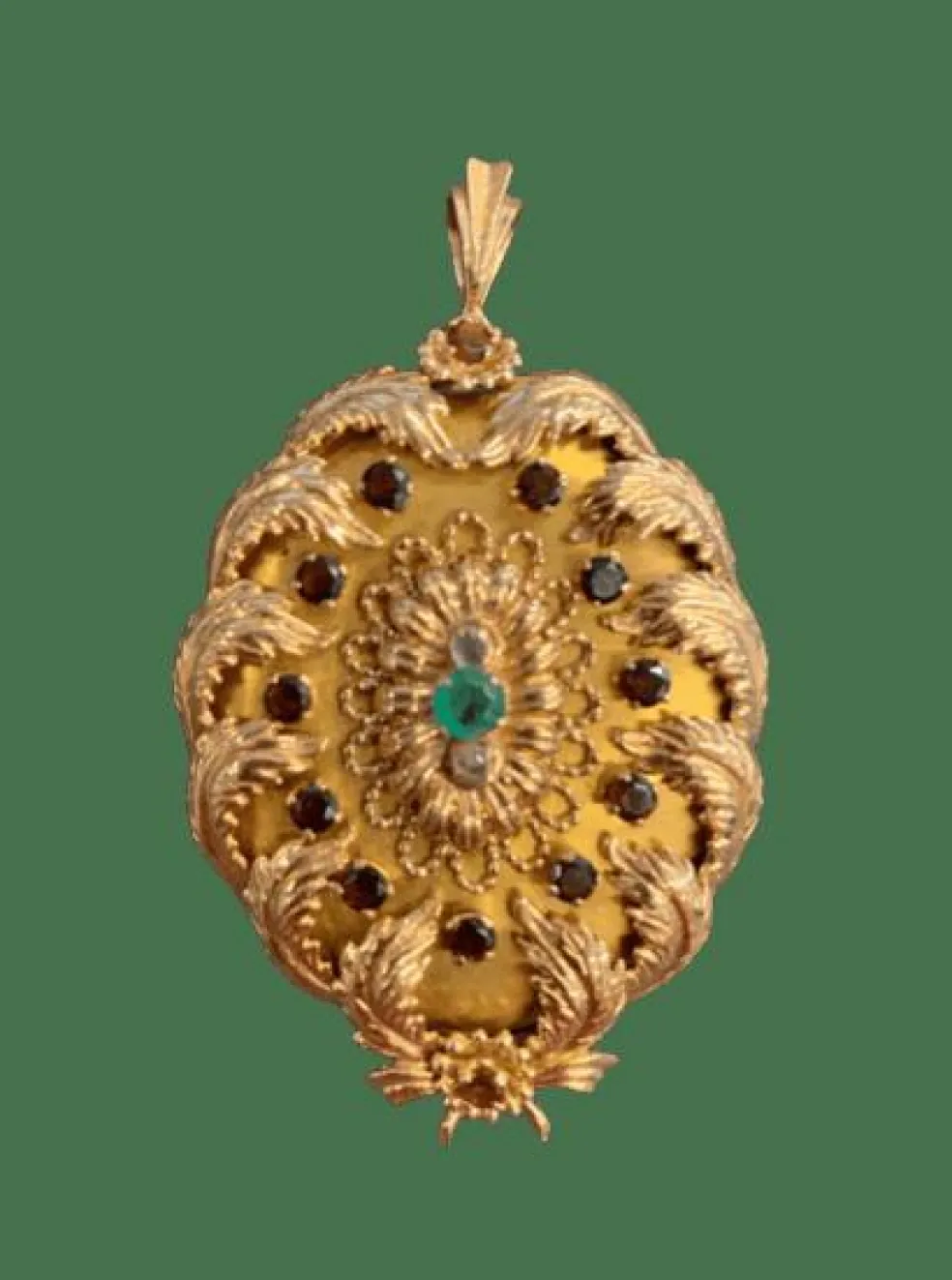 Broche Pendentif Feuilles d'Acanthe, Grenats & Emeraude