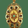 Broche pendentif or, grenats, émeraude, diamants