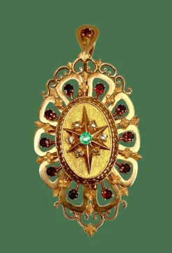 Broche pendentif or, grenats, émeraude, diamants