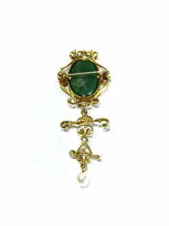 Broche Pendentif Or, Jade et Perle