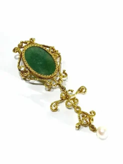 Broche Pendentif Or, Jade et Perle