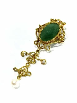 Broche Pendentif Or, Jade et Perle