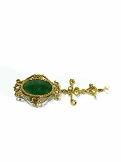 Broche Pendentif Or, Jade et Perle