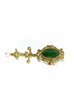 Broche Pendentif Or, Jade et Perle