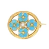 Broche perle et fleurs émaillées turquoise
