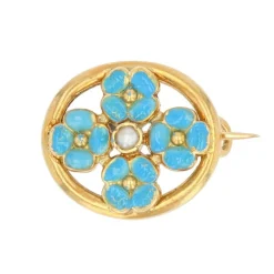 Broche perle et fleurs émaillées turquoise