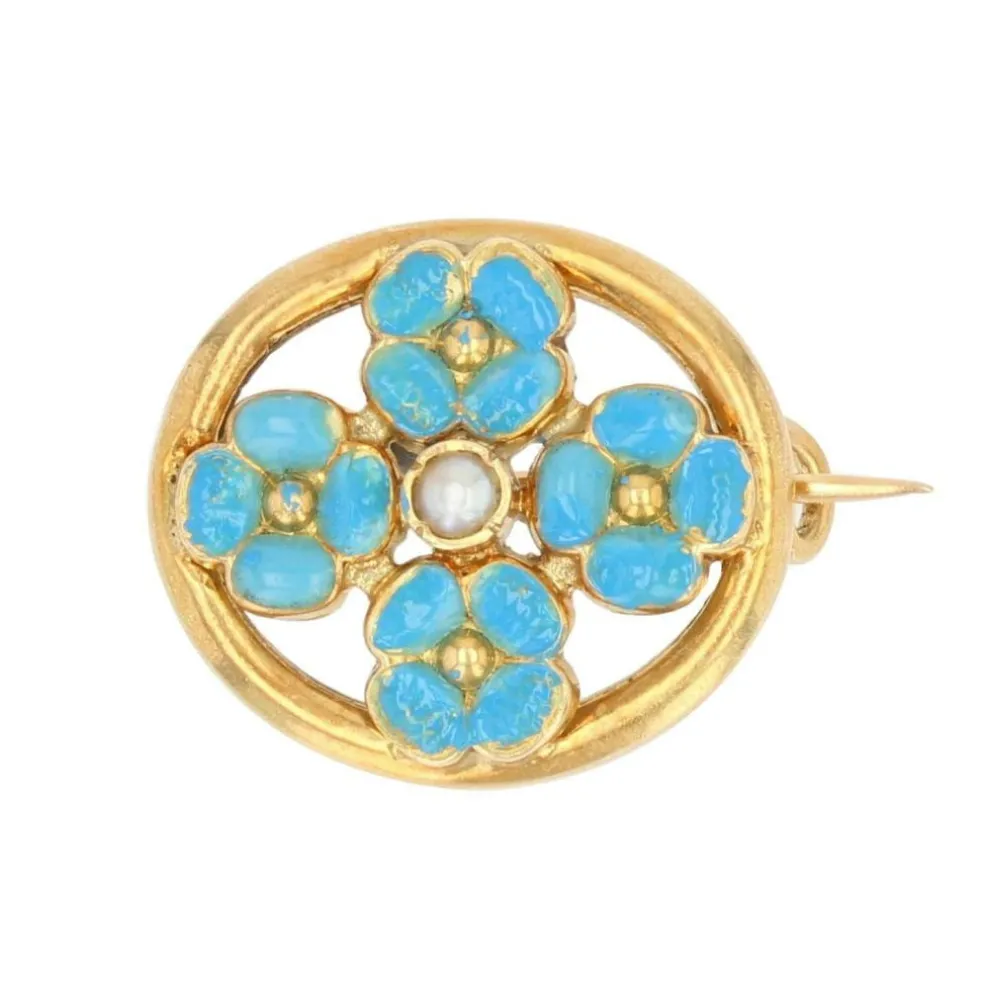 Broche perle et fleurs émaillées turquoise