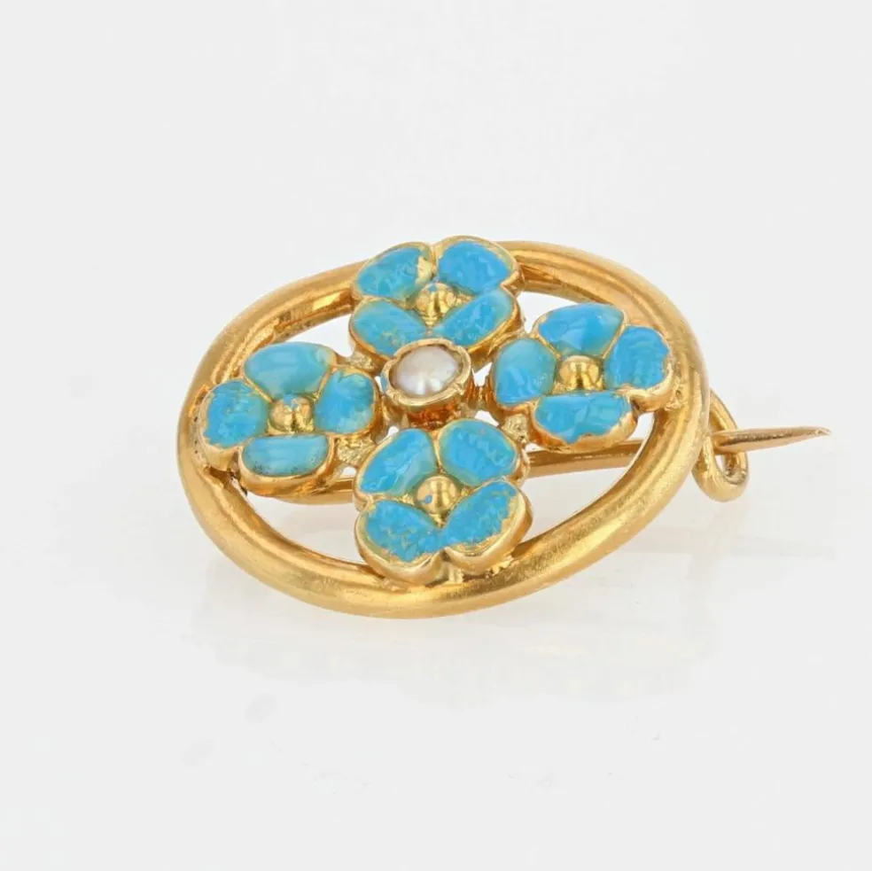 Broche perle et fleurs émaillées turquoise