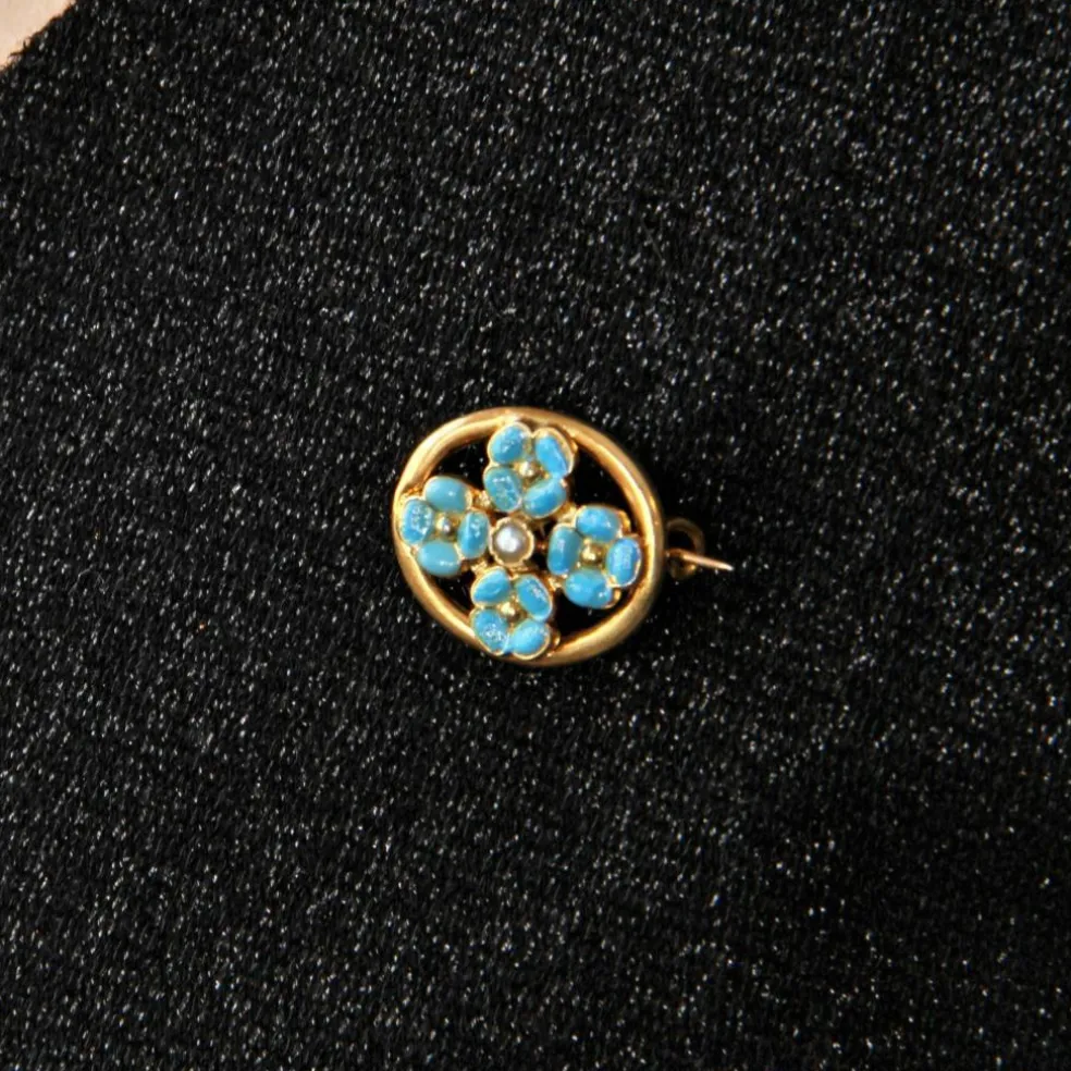 Broche perle et fleurs émaillées turquoise