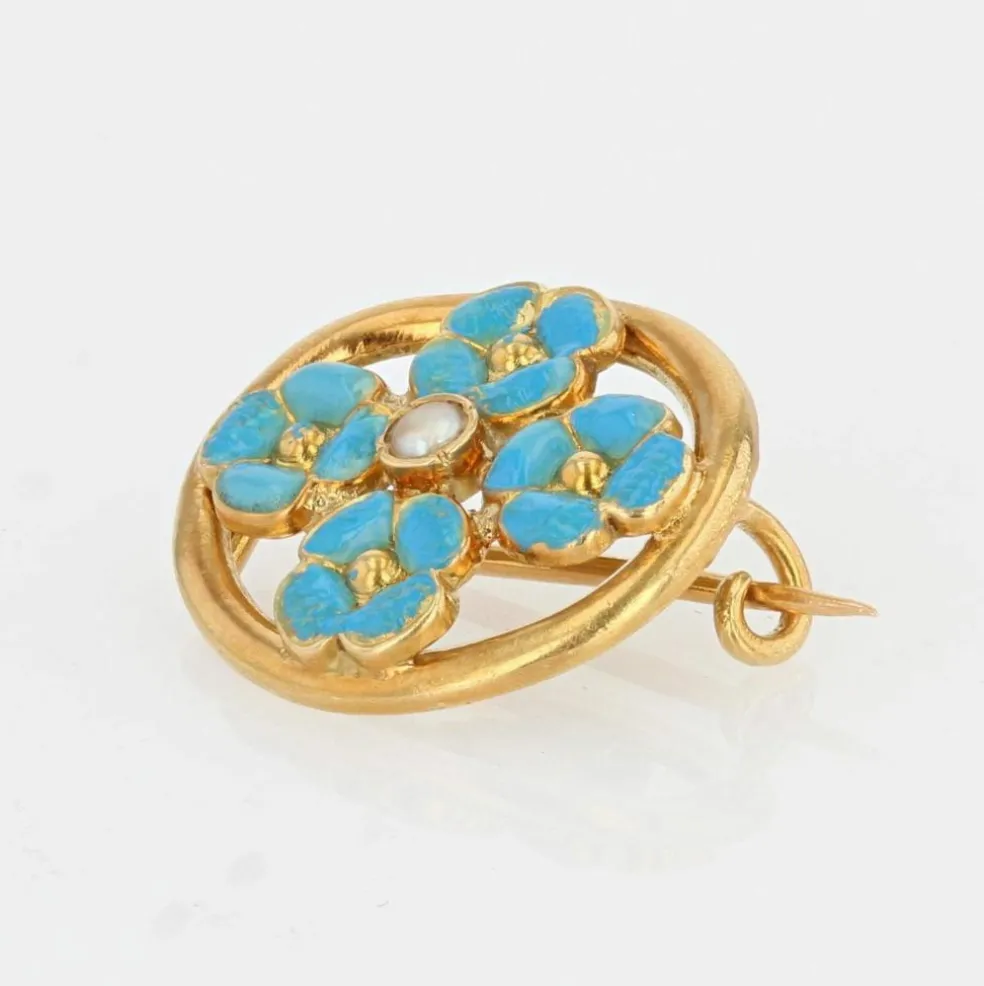 Broche perle et fleurs émaillées turquoise