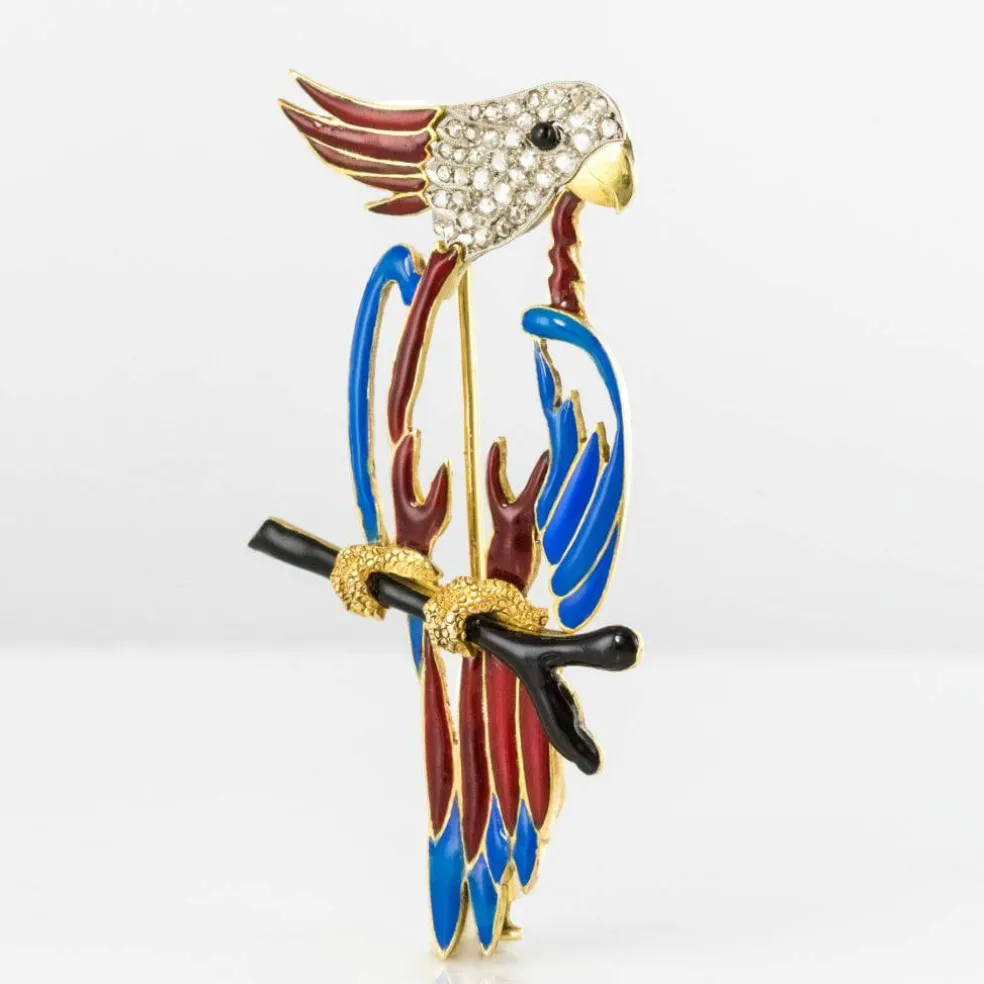 Broche perroquet émail diamants