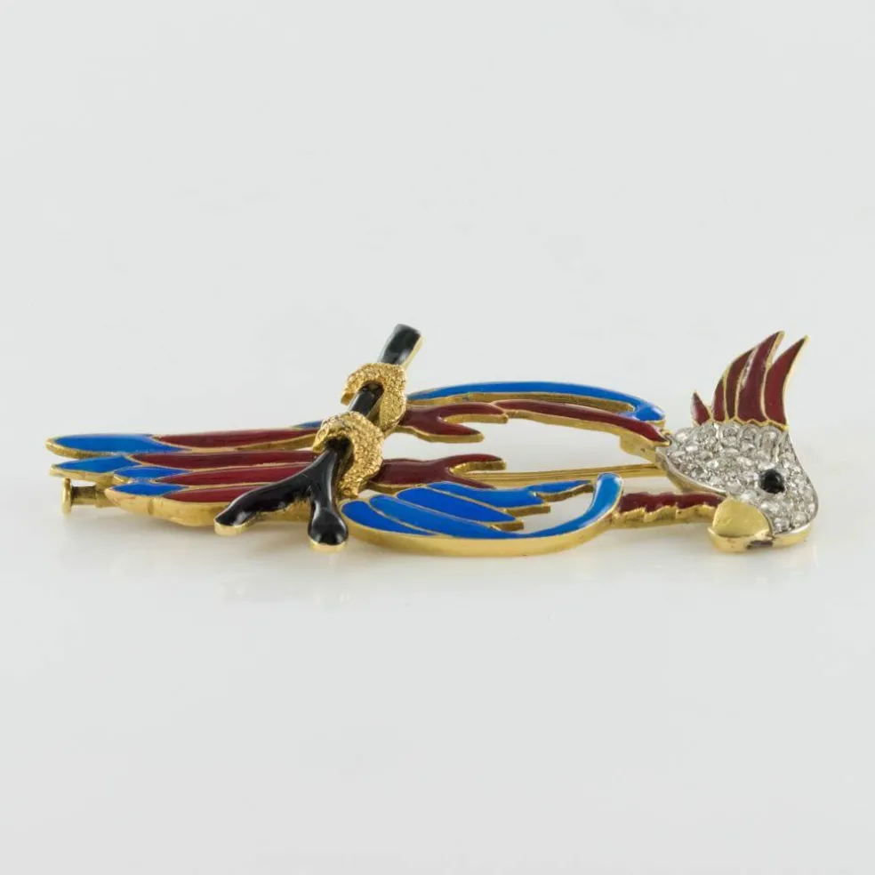 Broche perroquet émail diamants