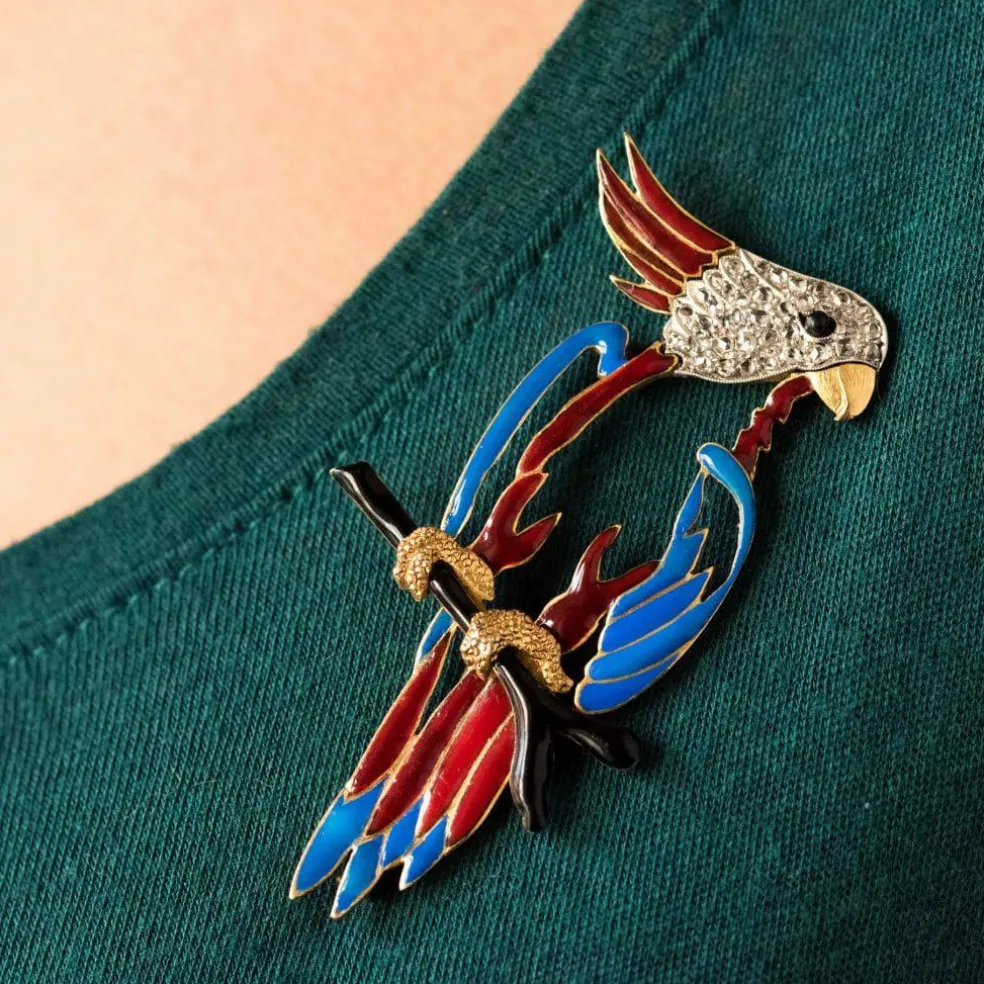 Broche perroquet émail diamants