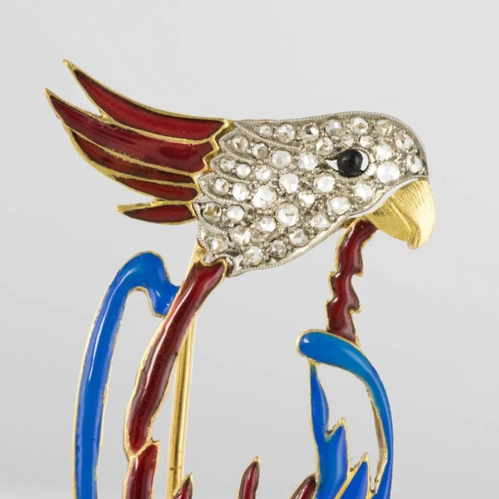 Broche perroquet émail diamants