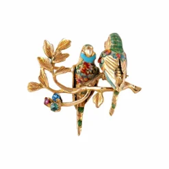 Broche "perroquets" en or jaune et émail