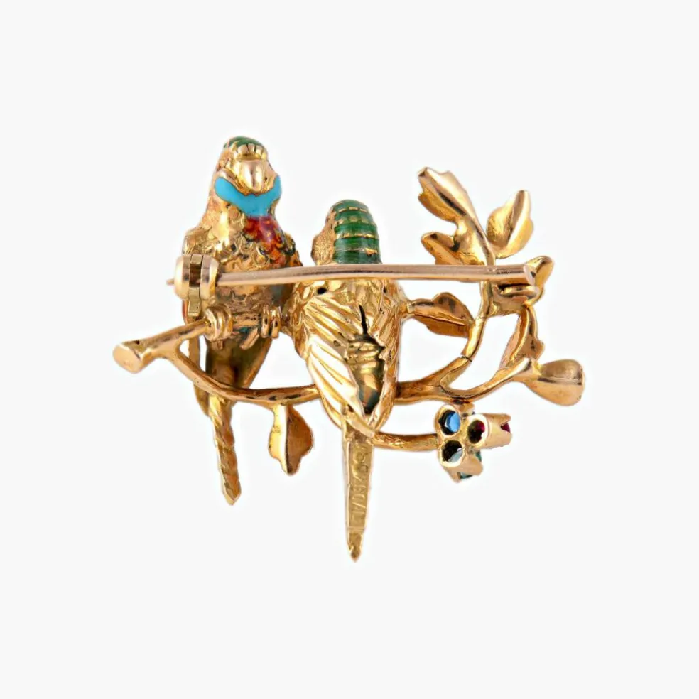 Broche "perroquets" en or jaune et émail