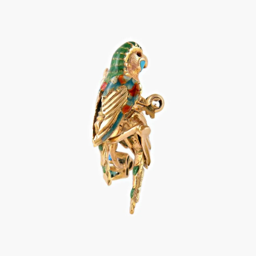 Broche "perroquets" en or jaune et émail