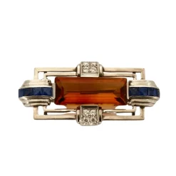 Broche platine et or gris citrine et diamants