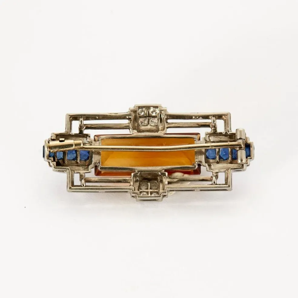 Broche platine et or gris citrine et diamants