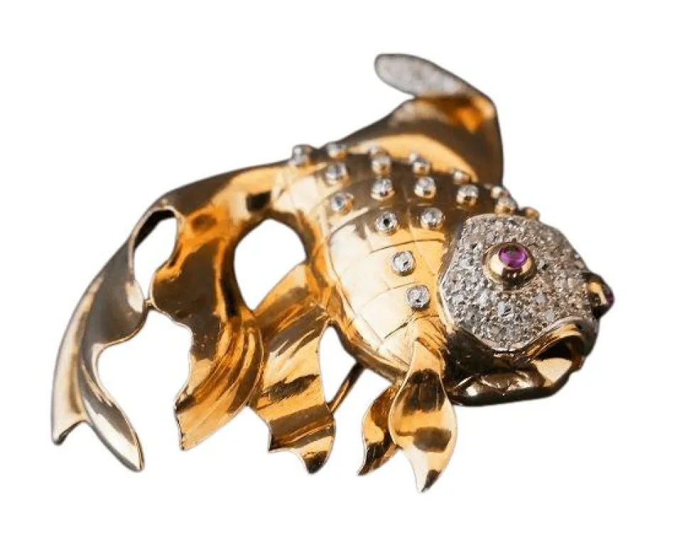 Broche Poisson Rubis Et Diamants, Platine et Or Jaune 18 Carats