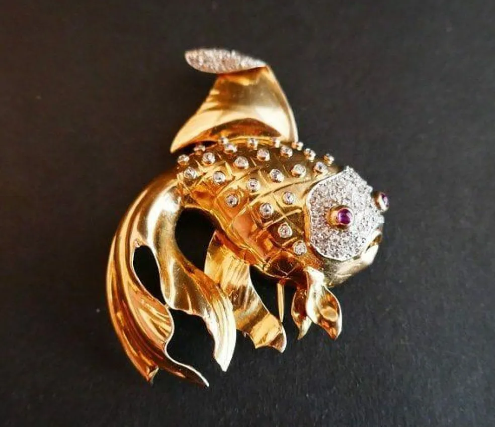 Broche Poisson Rubis Et Diamants, Platine et Or Jaune 18 Carats